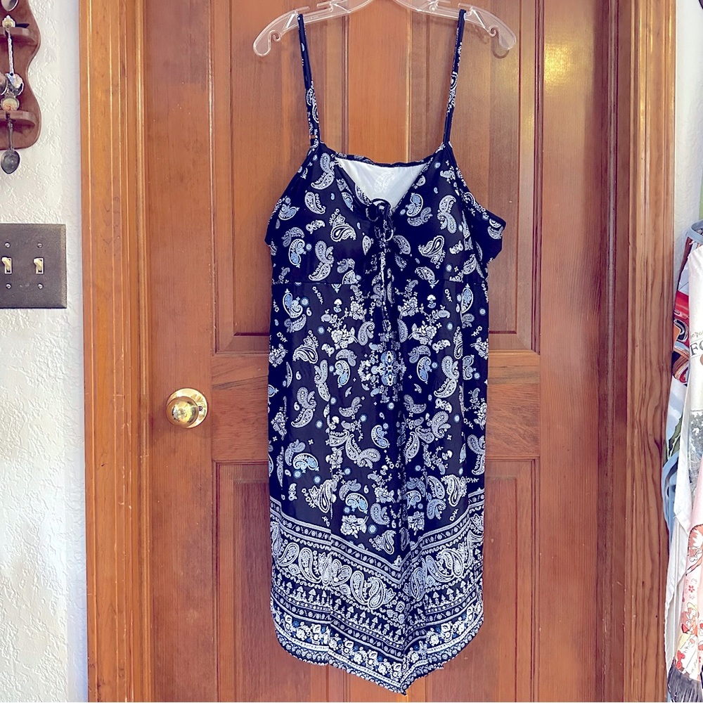 Navy blue light blue and white bandanna/ paisley dress.